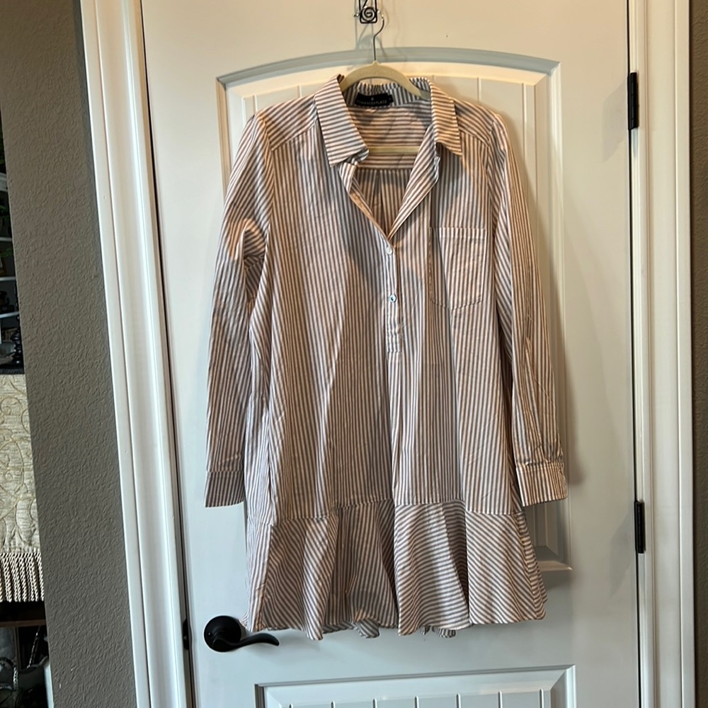 Cotton tan and white shirt dress.